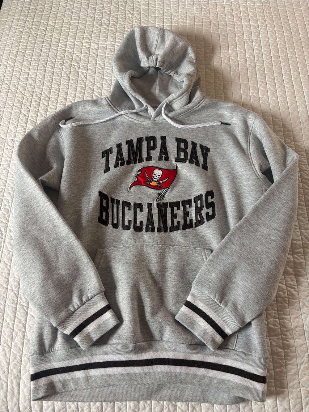 NFL Gray “Tampa Bay Buccaneers” Hoodie with Black Lettering and White Drawstring